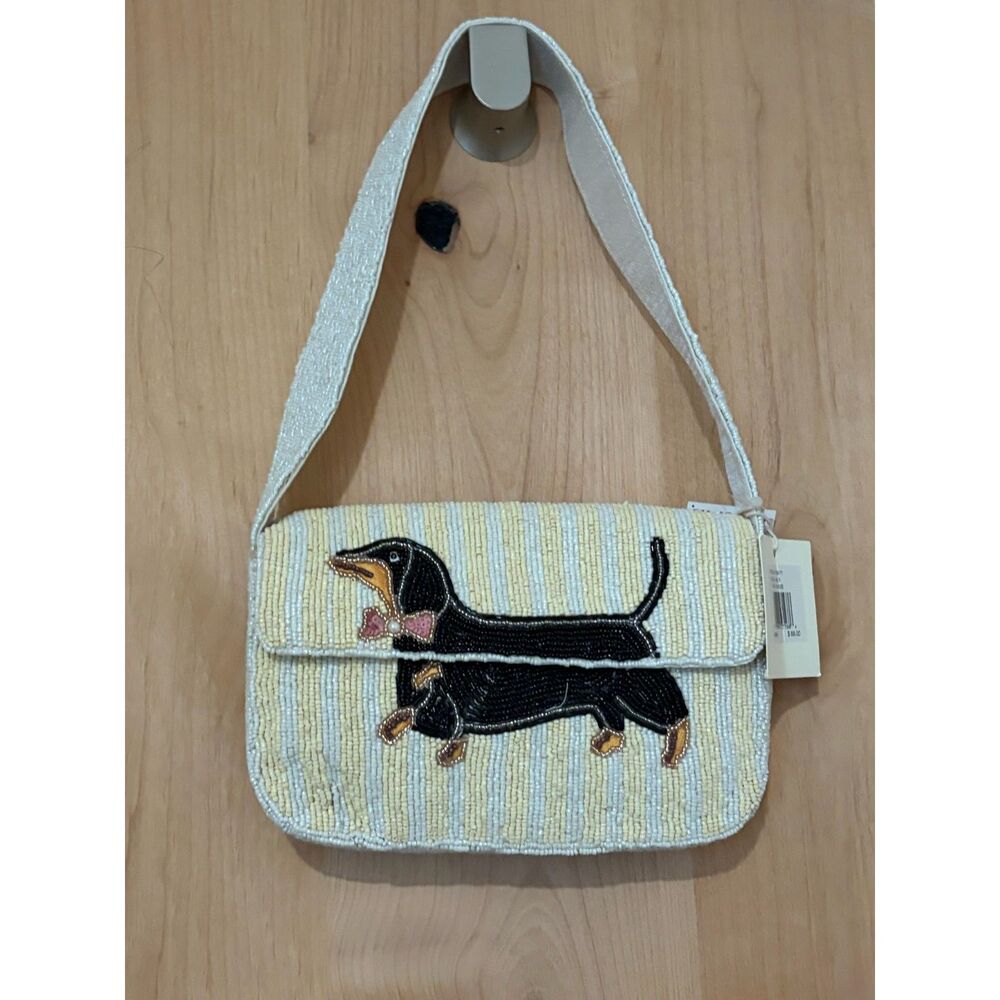 Sol & Mer Hand Beaded Dachshund Wiener Dog Flap Shoulder Bag NWT